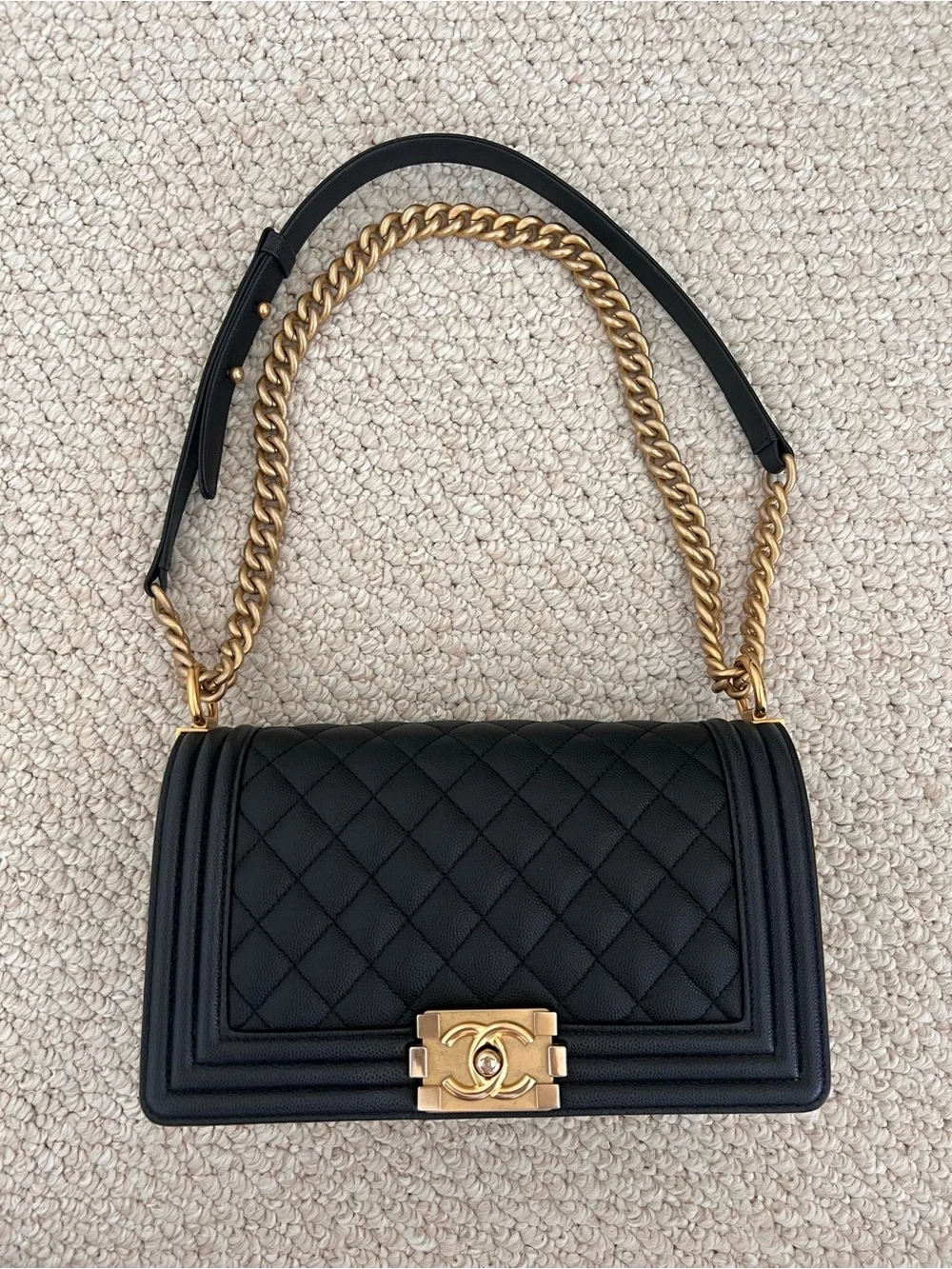 Chanel Caviar Black Medium Boy Bag with Antique Gold Hardware